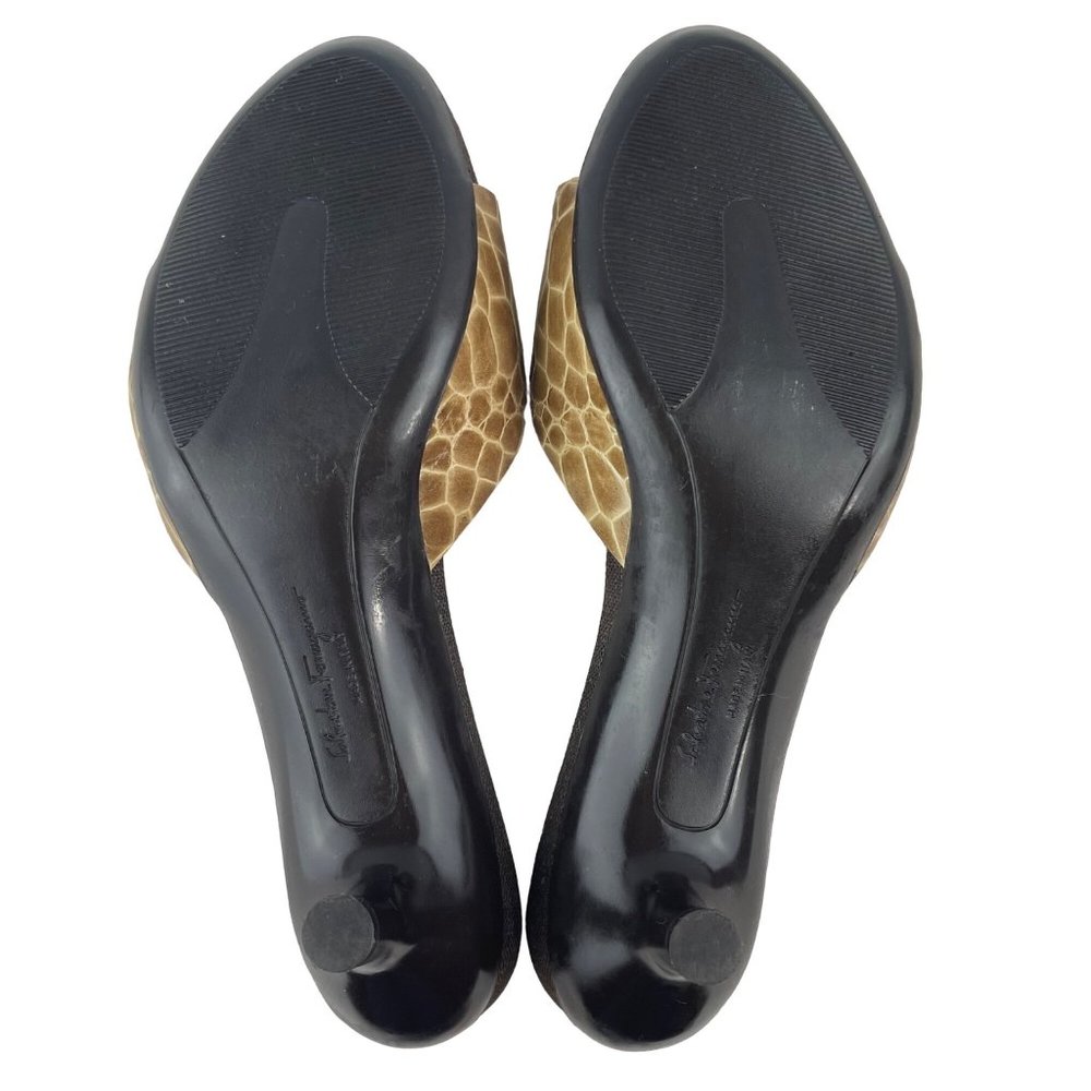 SALVATORE FERRAGAMO Crocodile Print Brown Leather Open Toe Kitten Heel Size 9 - Picture 11 of 13